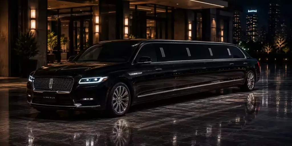 Black Lincoln stretch limousine on a wet street with the city lights behind